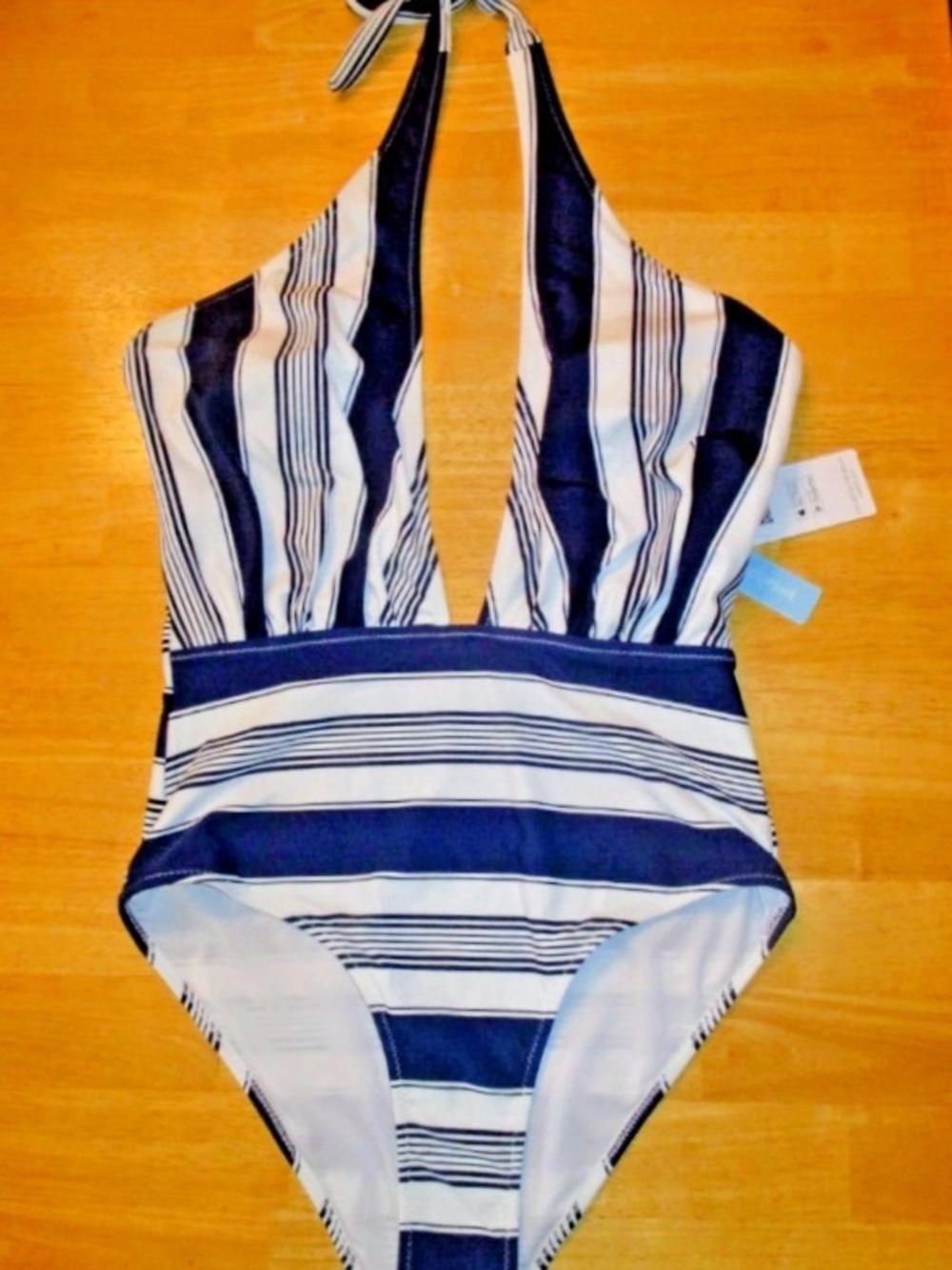 Cupshe Women's Navy and White Striped Halter One-Piece Swimsuit
